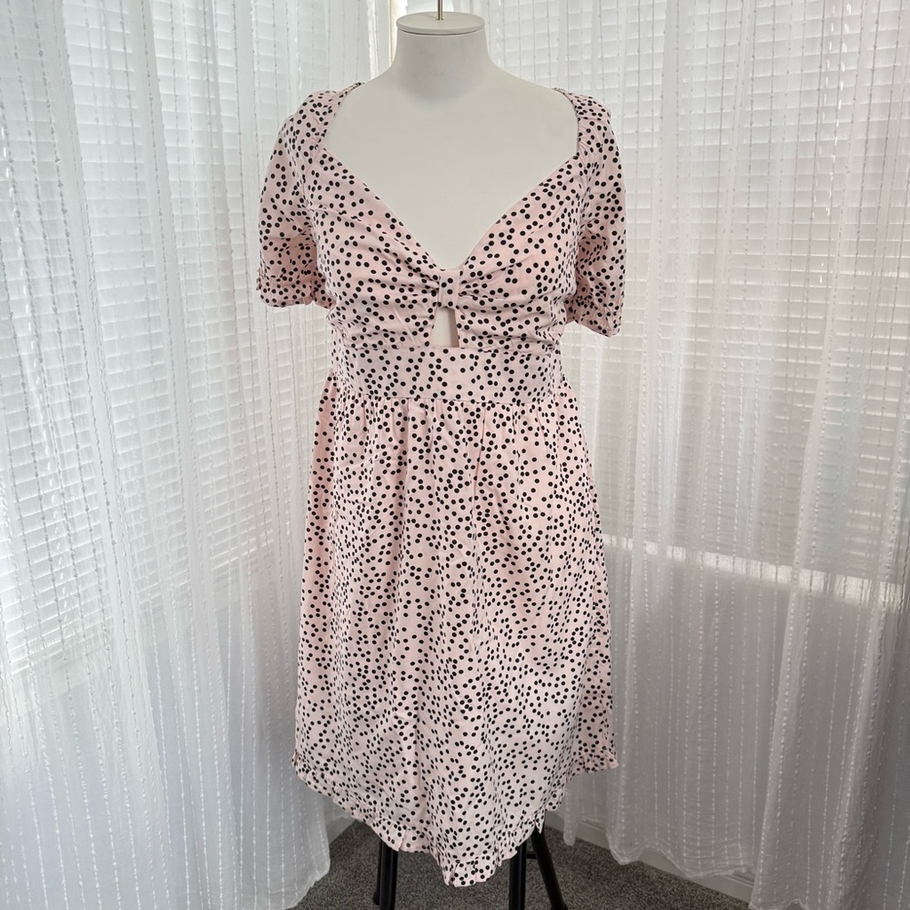 Guess Pink and Black Polka Dot Tie-Front Midi Dress Size L
